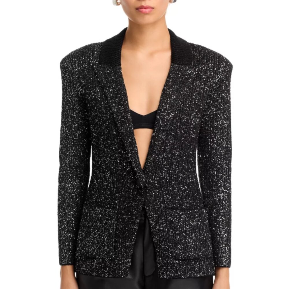 L'AGENCE 'Leonora' Sweater-Knit Sequin Blazer, Black/Silver